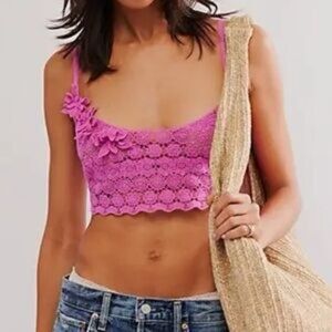 Intimately by Free People Crochet Bralette Fiji Flower Pink Rose Size Medium NWT